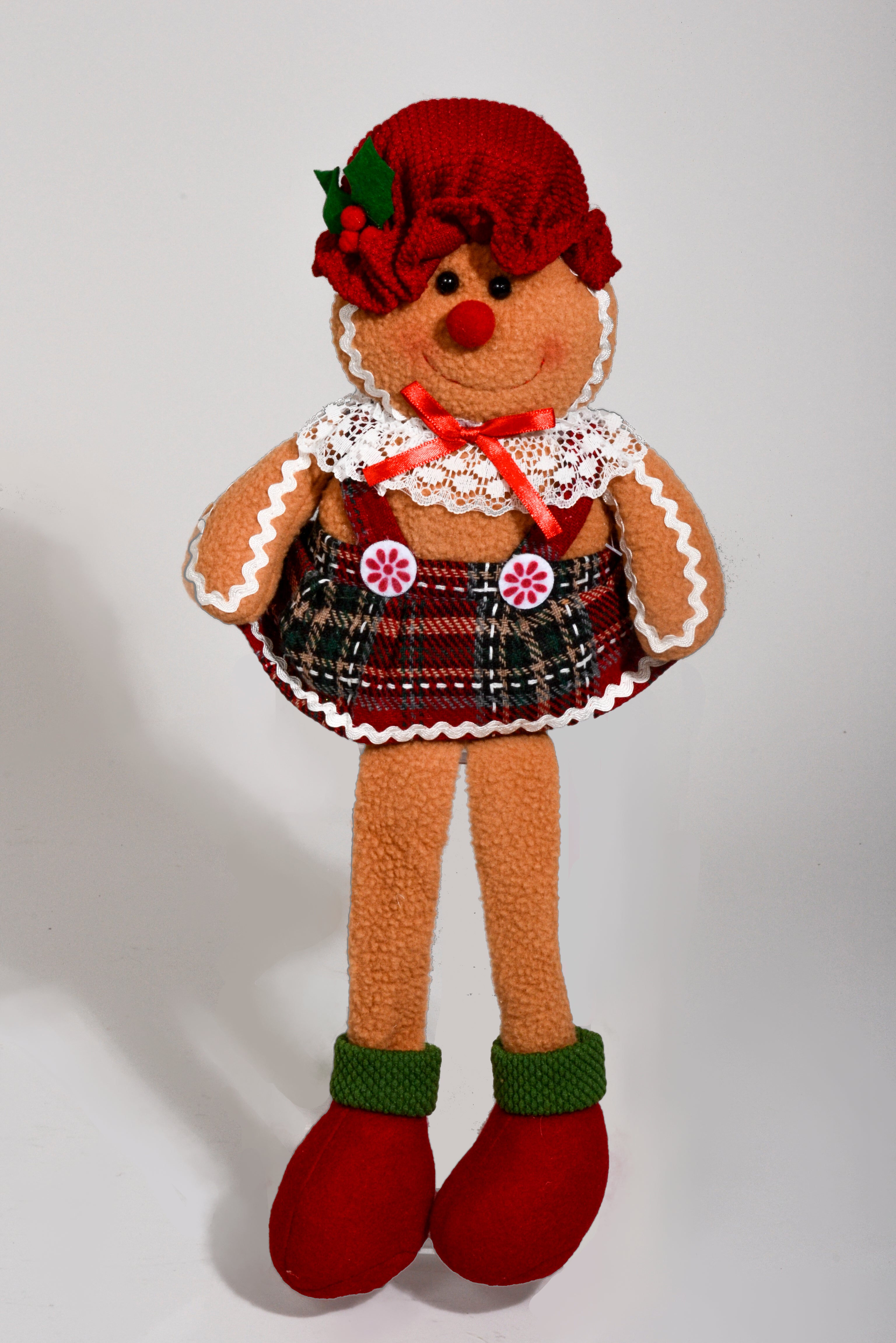 17" Stuffed Gingerbread Girl W/Red Hat Light Brown