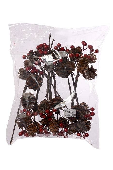 8" Berry Pinecone Pick Red Pkg-12