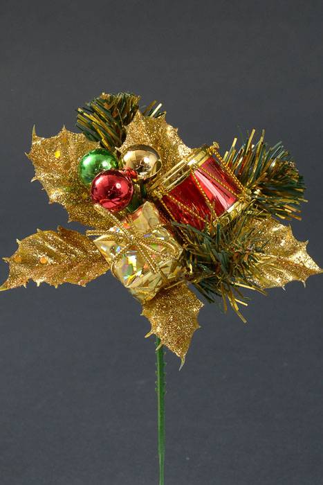 7" Glitter Holly Pine Pick W/drum Red/gold Pkg/12