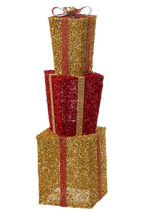 28" Piled Gift Boxes W/band & Bell Gold/red