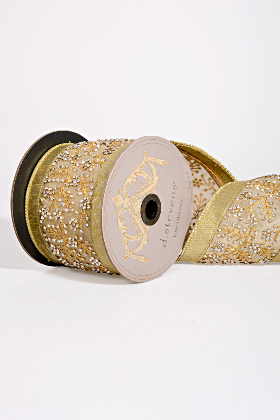 4" X 5Yds Metallic Dupion Crystal Branch Center Ribbon Gold/Silver