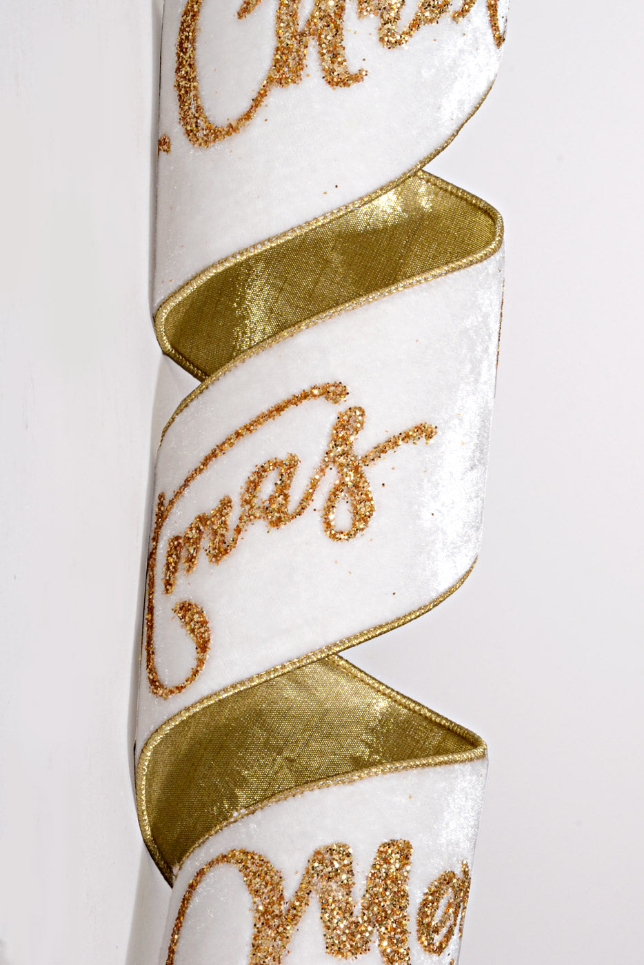 4" X 10Yds Velvet Glitter Merry Christmas Ribbon Gold/Winter White