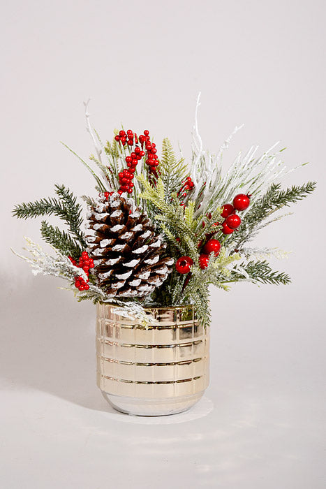 12" Berry/Pinecone Eucalyptus with Pot Red/Green/Gold