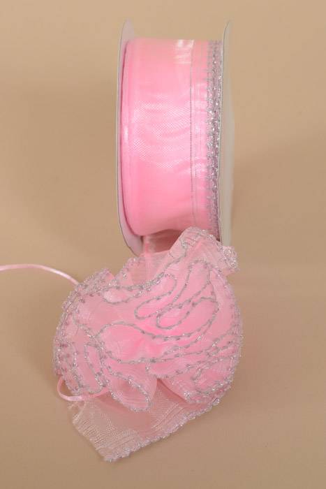 1.5" X 25yds Side Pull Bow W/silver Trim Pink
