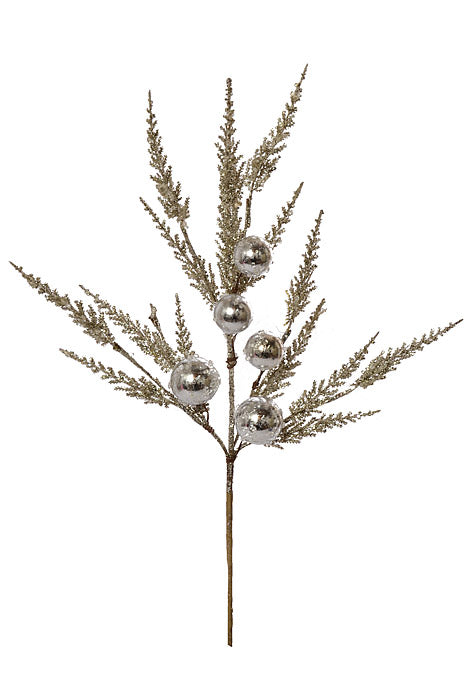 26" Glitter Feather Leaf Spray With Ball Platinum