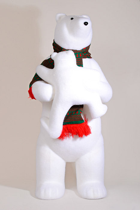 45" Standing Polar Bear W/Scarf and Baby Bear White/Green/Red