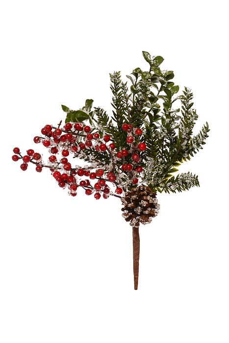 14" Waterproof Iced Berry Boxwood Fir Pick Natural/Red/Green