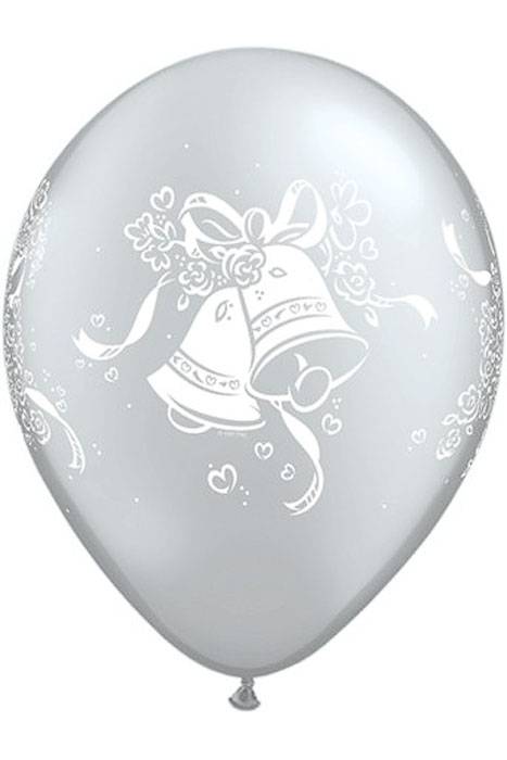 11" Round Metallic Latex Balloon Silver W/wedding Bells Pkg/100