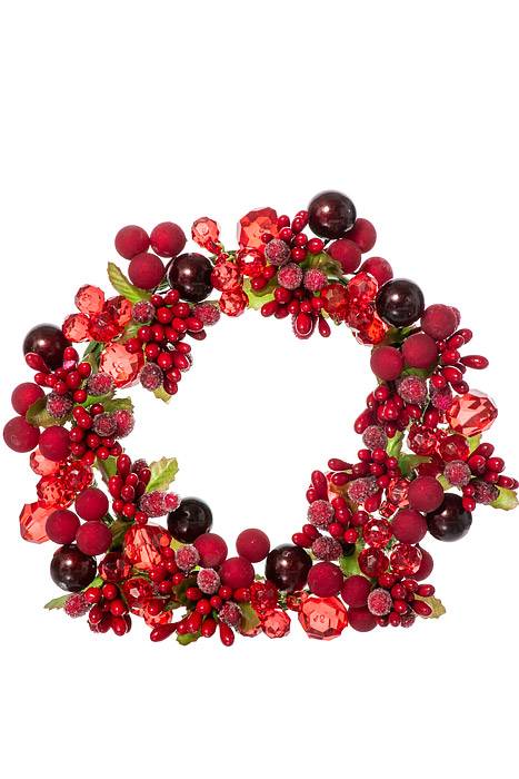 6" Pearl Berry/jewel Candle Ring Ornament Red/burgundy