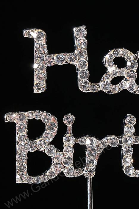 2" Rhinestone Happy Birthday Cake Topper Silver