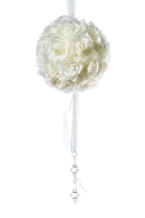 6" Rose Ball W/hanging Ribbon & Bead Ivory