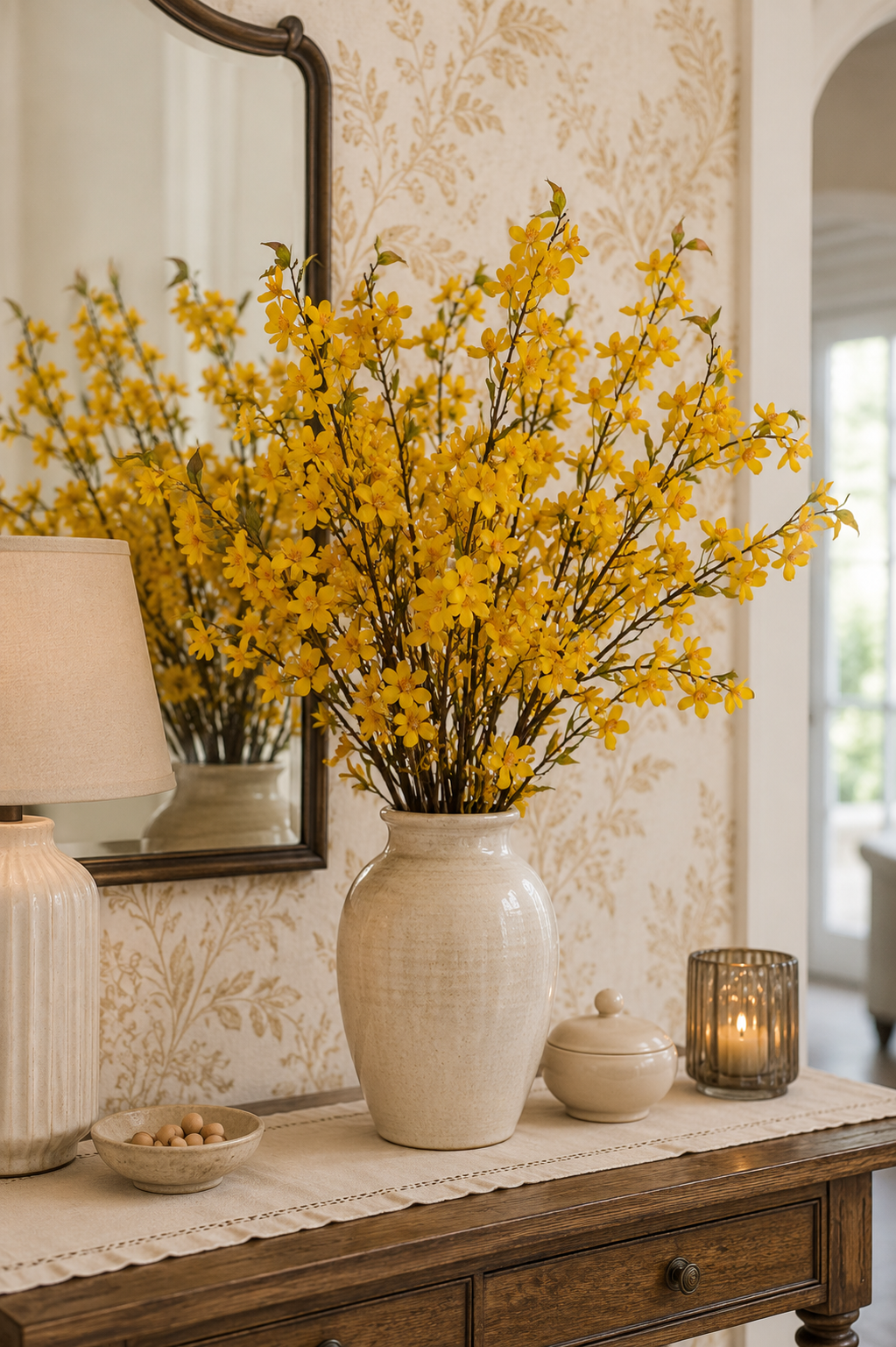 35" Silk Cherry Blossom Spray Yellow