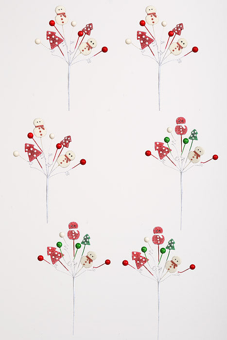 14.5" Snowman/berry/tree Spray Red/white Pkg/6