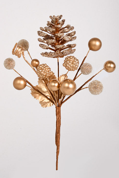 7.5" Glitter Pine Cone & Berry Pick Gold Pkg/6