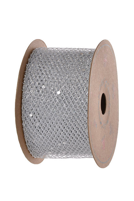 2.5" X 10Yds Wired Net With Glitter Ribbon Silver
