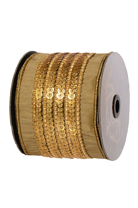 4" X 5Yds Wired Dupion Rivet Sequin Trim Ribbon Gold