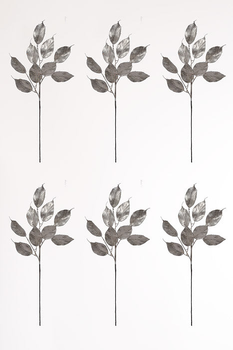 22.5" Glitter Ficus Leaf Spray Platinum Pkg/6