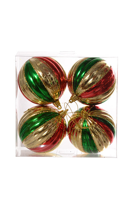 100Mm Vertical Stripe Ball With Jewel Tone Ornament Shiny (Gold/Red/Green) Pkg/4