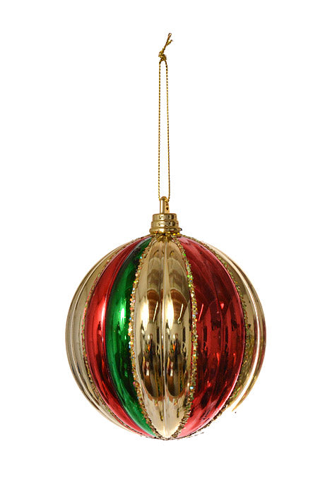 100Mm Vertical Stripe Ball With Jewel Tone Ornament Shiny (Gold/Red/Green) Pkg/4