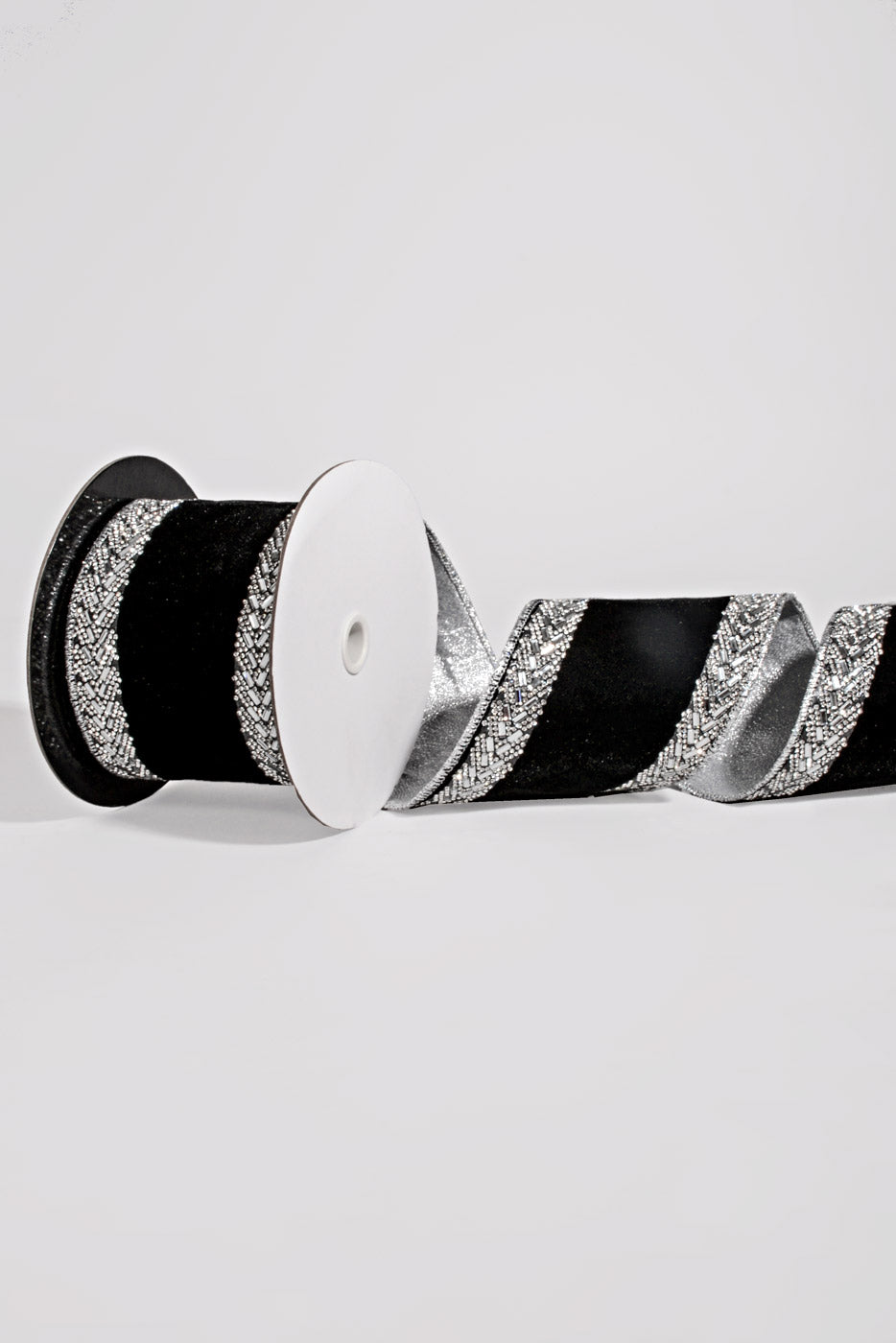 4" X 5Yds Wired Velvet with Jeweled Edged Ribbon Black/Silver