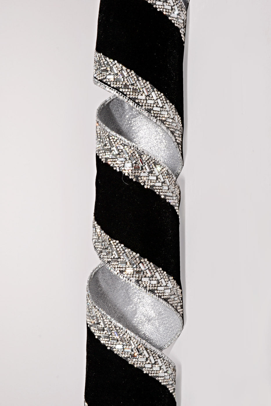 4" X 5Yds Wired Velvet with Jeweled Edged Ribbon Black/Silver