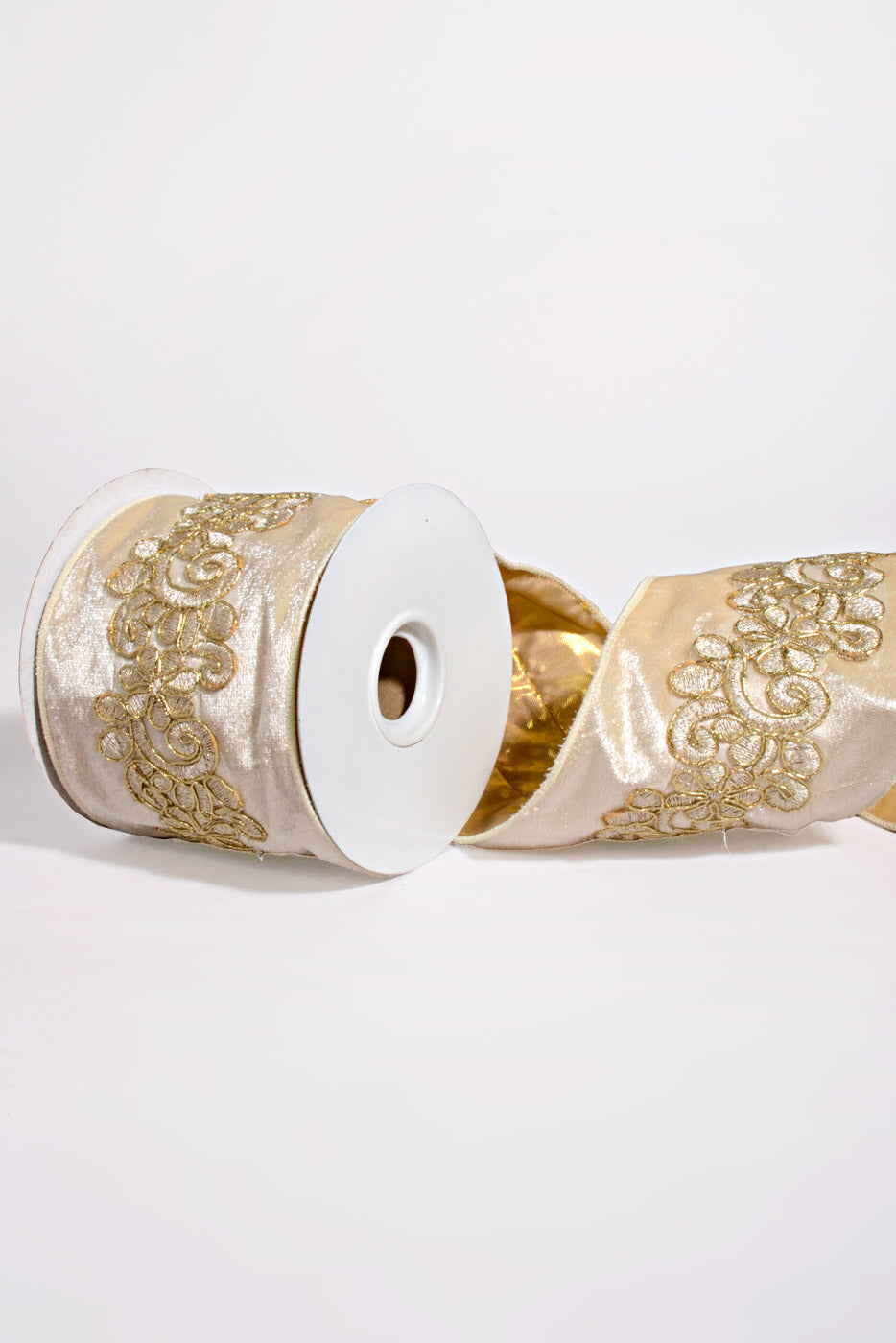 4" X 5Yds Wired Center Jewel Brocade Velvet Ribbon Ivory