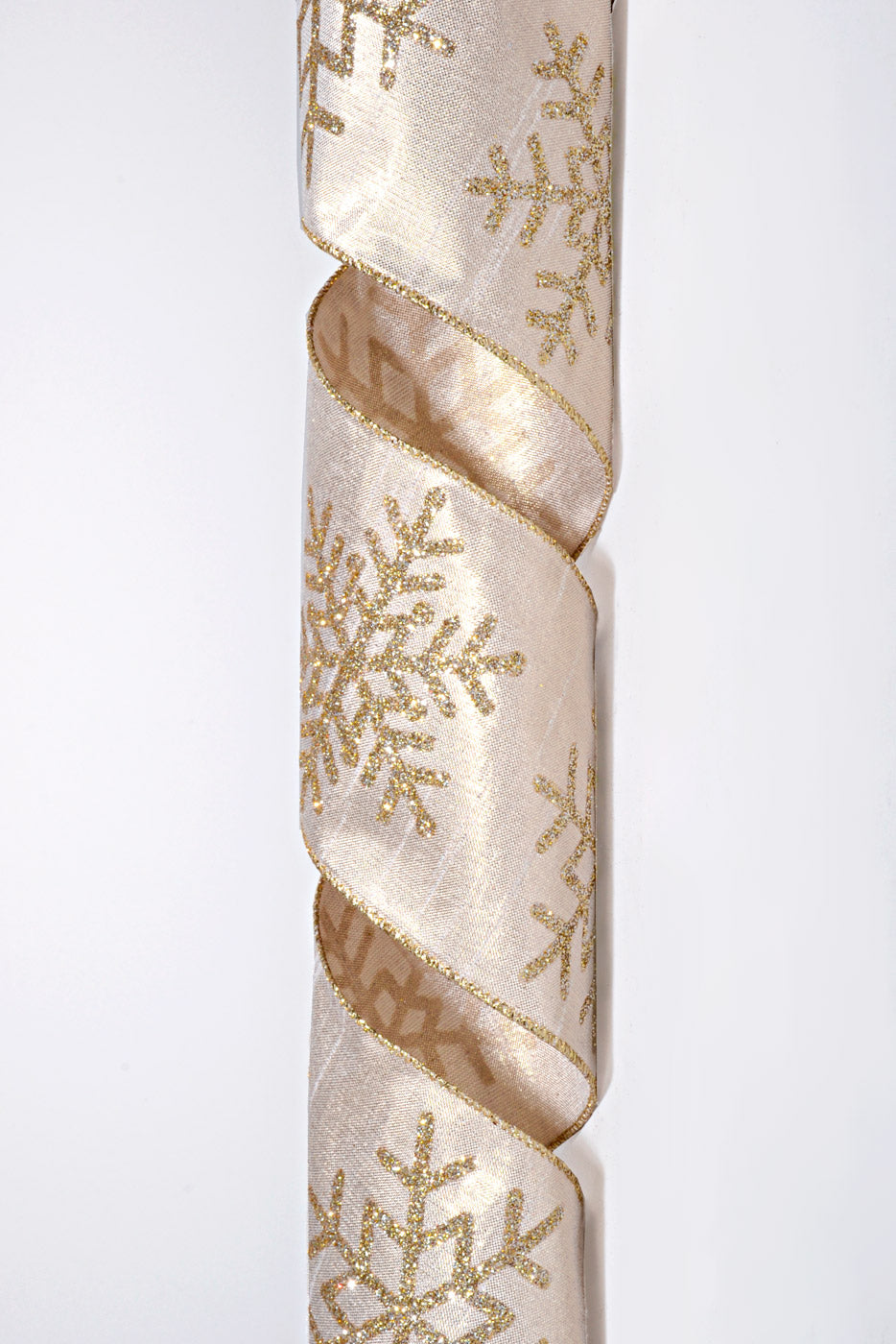 4" X 10Yds Wired Glitter Snowflake on Lame Ribbon Champagne