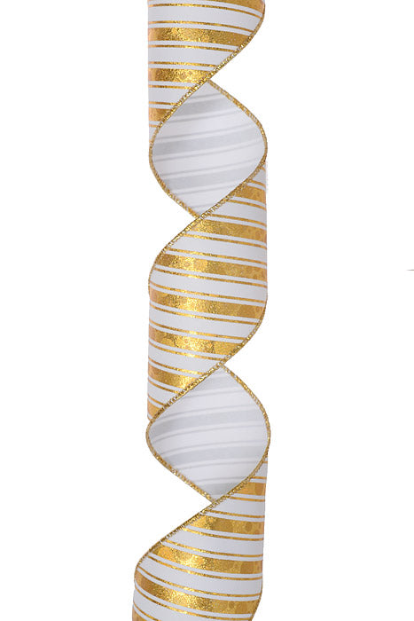 2.5" X 10Yds Wired Embossed Diagonal Stripes Satin Ribbon White/Gold