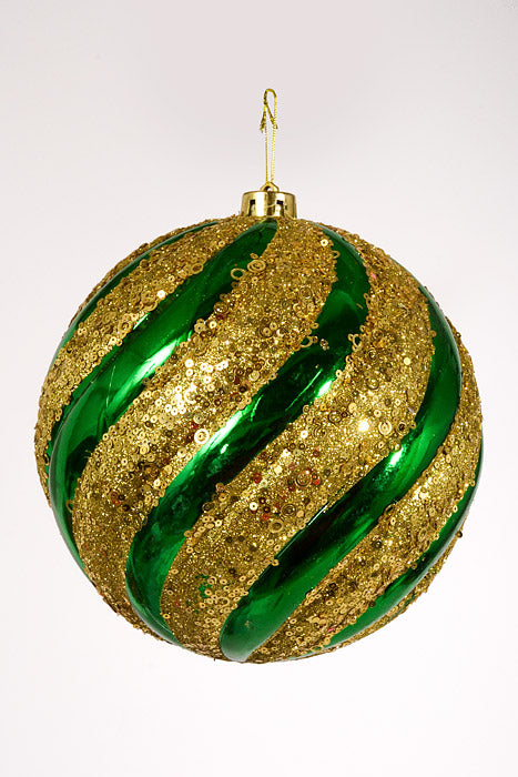 200Mm Plastic Pumpkin Ball with Glitter/Sequin Ornament Green/Gold