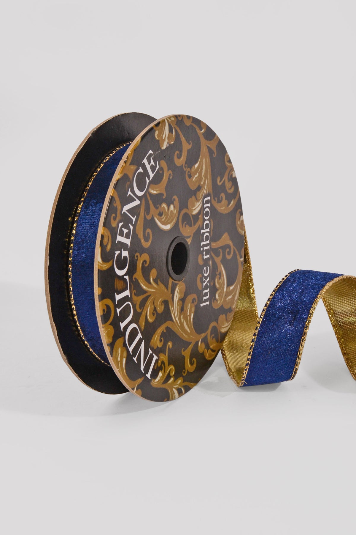 1" X 10Yds Wired Lush Velvet/Gold Metallic Back Navy Ribbon