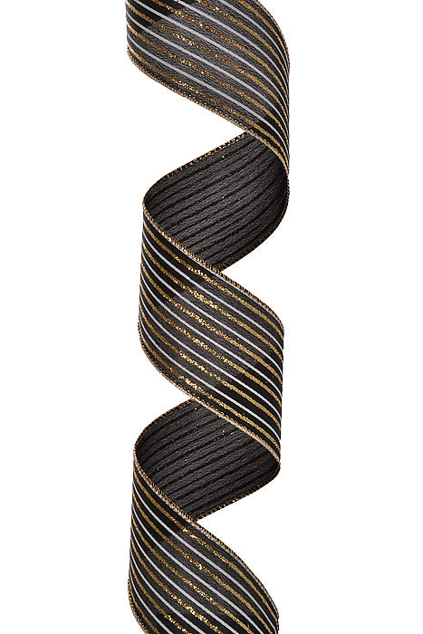 2.5" X 10Yds Wired Satin Gold Glitter White Thin Vertical Stripe Ribbon Black