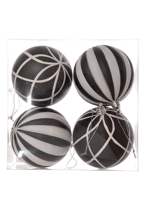 100Mm Ball & Vertical Stripe Ball Ornament (Black/White) Pkg/4
