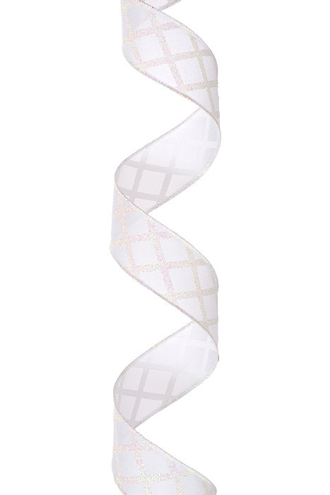 1.5" X 10Yds Wired Satin Criss Cross Diamonds Ribbon White/Iridescent