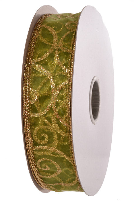 1.5" X 50Yds Wired Swirl Ribbon Spring Moss/Gold