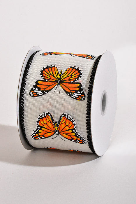 2.5" X 10Yds Wired Ivory Shiny Linen Monarch Butterfly Ribbon