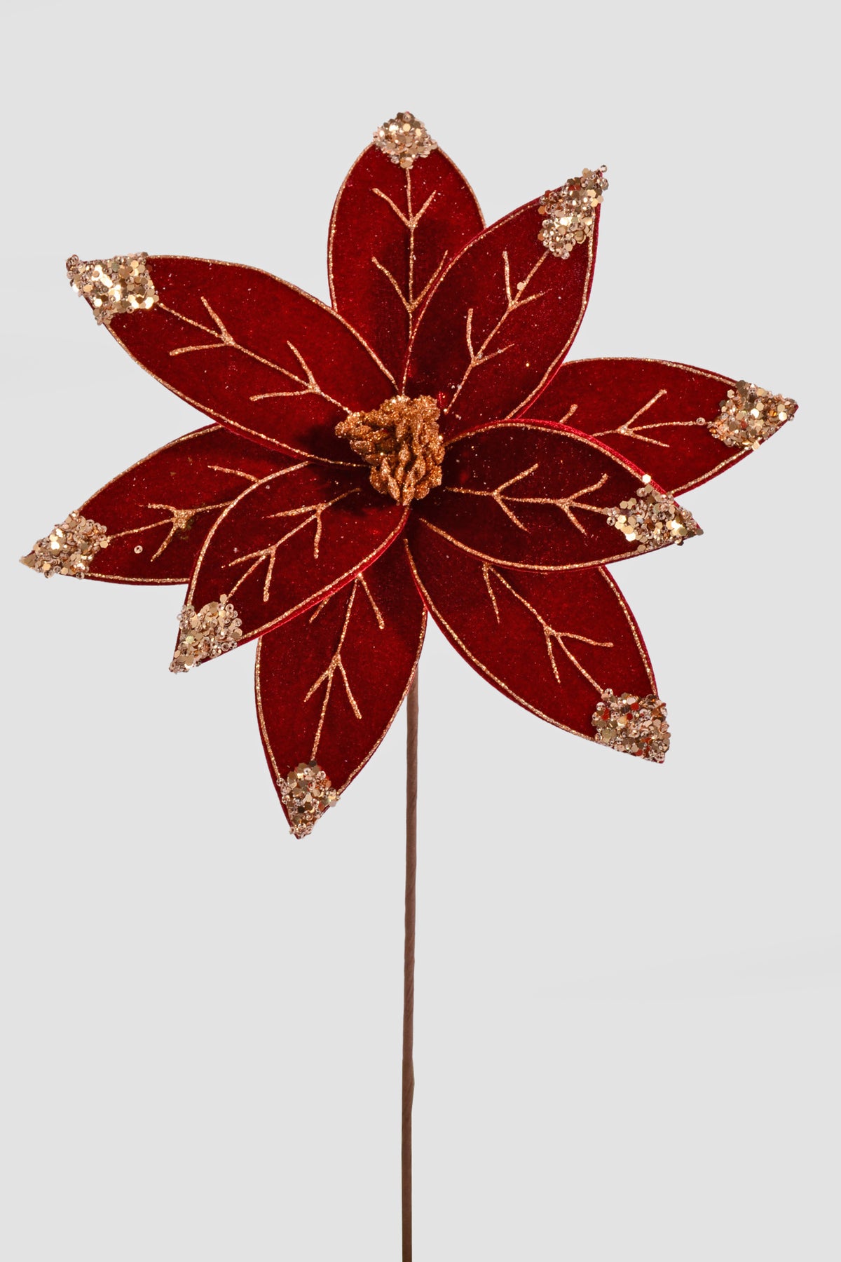 24" Velvet/Sequins Poinsettia Stem Burgundy