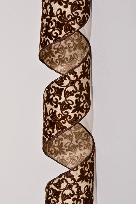 2.5" X 10Yds Wired Linen Flocked Demask Ribbon Brown