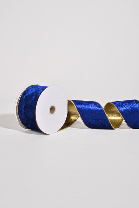 2.5" X 10Yds Wired Crushed Velvet Gold Back Ribbon Deep Blue