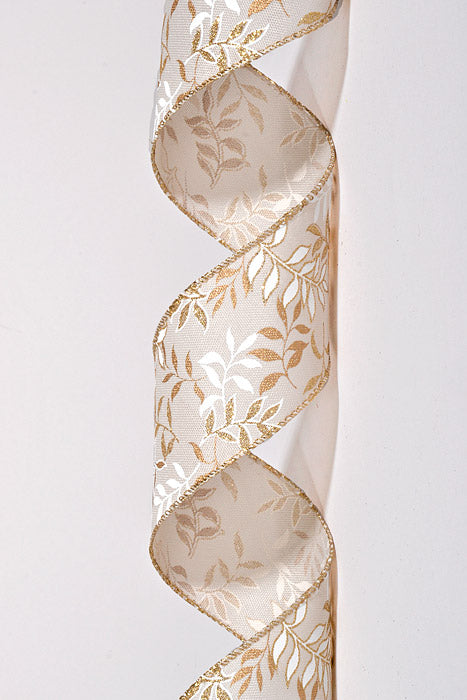 2.5" x 10Yds Wired Linen Ivory Pressed Branche Ribbon White/Gold