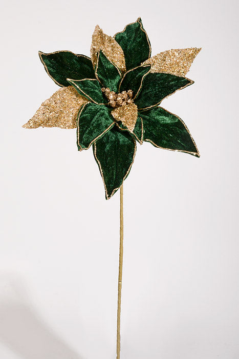 24" Regal Velvet with Glitter Poinsettia Stem Green/Gold
