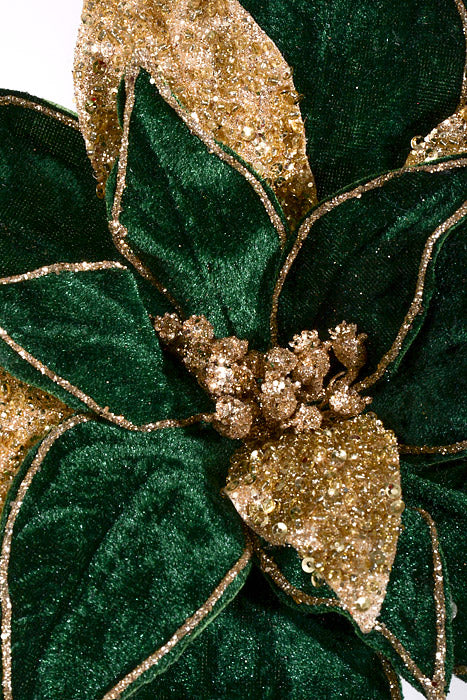 24" Regal Velvet with Glitter Poinsettia Stem Green/Gold