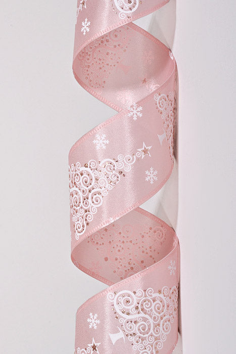 2.5" X 10Yds Wired Satin Swirl Christmas Tree Ribbon Pink/White