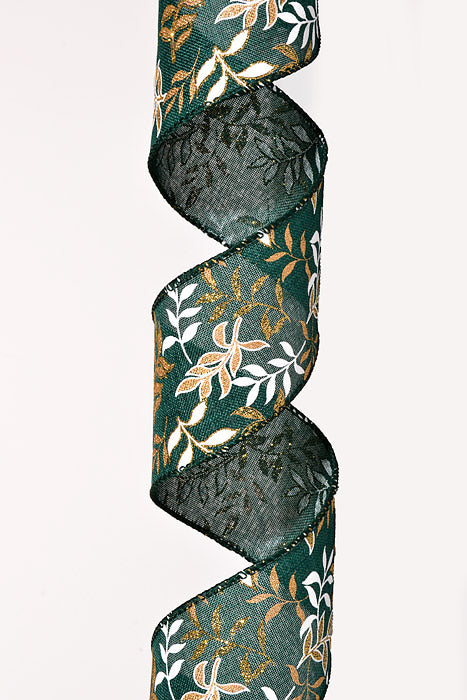 2.5" x 10Yds Wired Hunter Linen Pressed Branche Ribbon