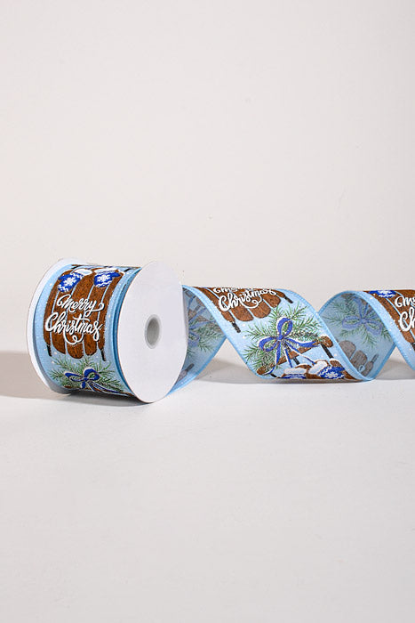 2.5" X 10Yds Wired Linen Royal Mittens Merry Christmas Brown Sled Light Blue