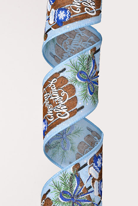 2.5" X 10Yds Wired Linen Royal Mittens Merry Christmas Brown Sled Light Blue