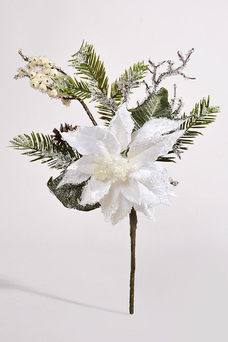 16" Iced Poinsettia Pine Pick White