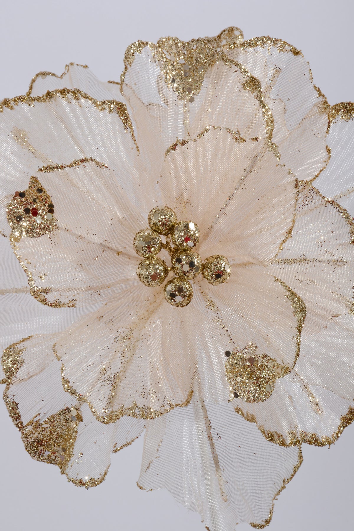 22" Mesh/Glitter Poinsettia Stem Ivory/Gold