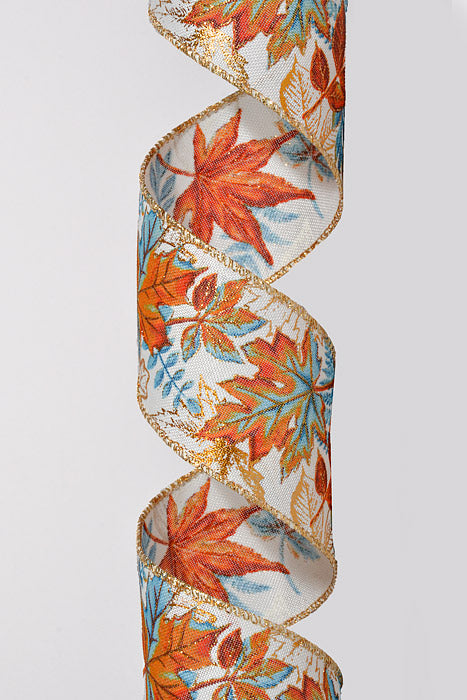 2.5" x 10Yds Wired Linen Orange- Blue Leaves and Ferns Ribbon Ivory