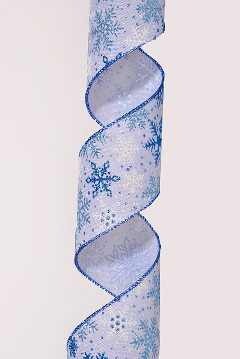 2.5" X 10Yds Wired Linen Glitter Matte Snowflake White/Blue