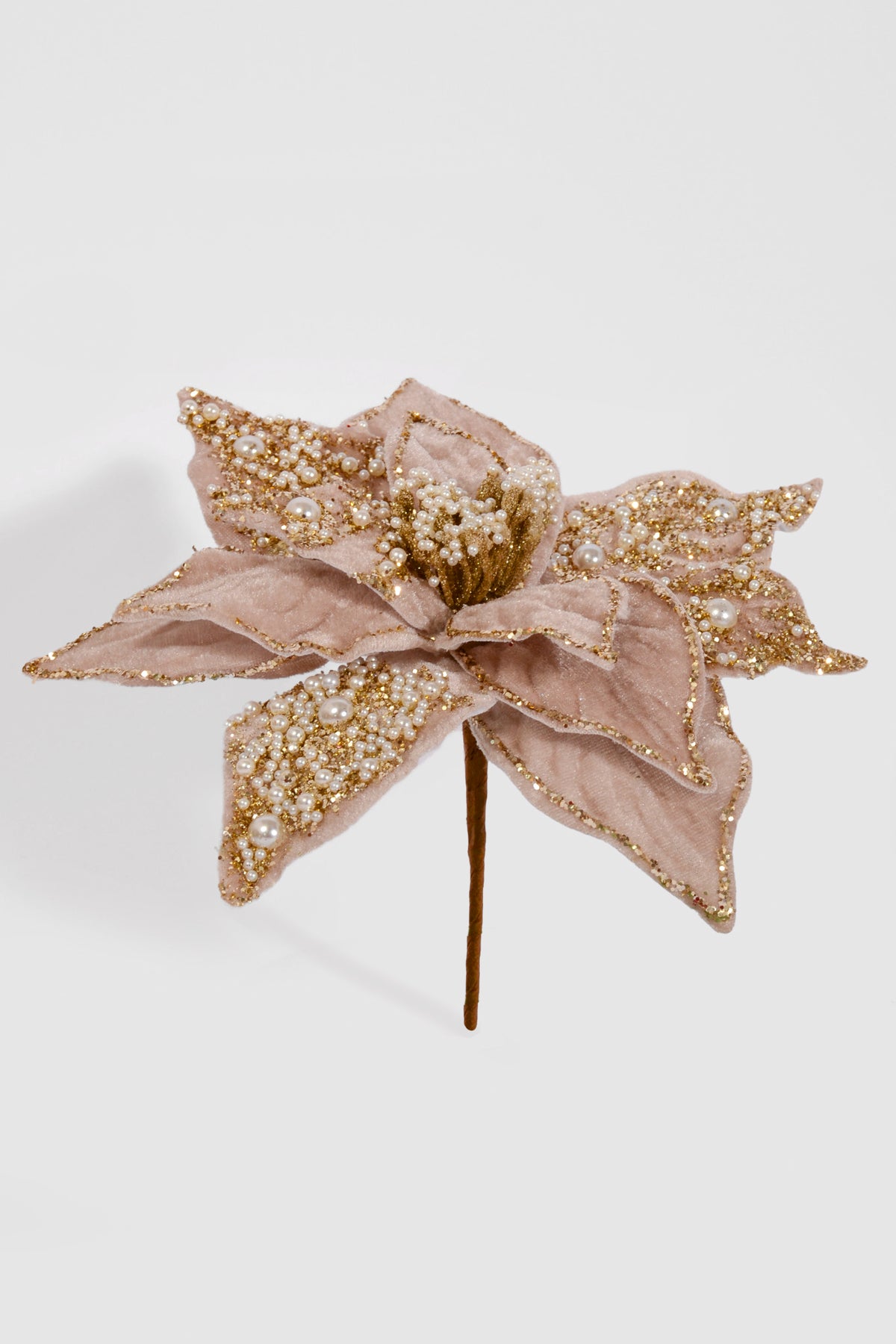 8.5" Poinsettia Cilp W/Pearls Champagne